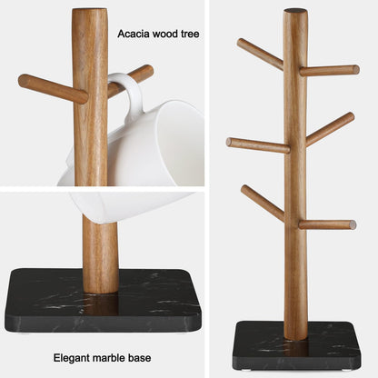Buruis Acacia Wood Mug Holder with Marble Base, 6 Hook Mug Tree, White