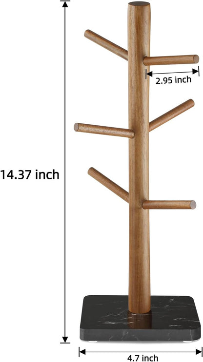 Buruis Acacia Wood Mug Holder with Marble Base, 6 Hook Mug Tree, White