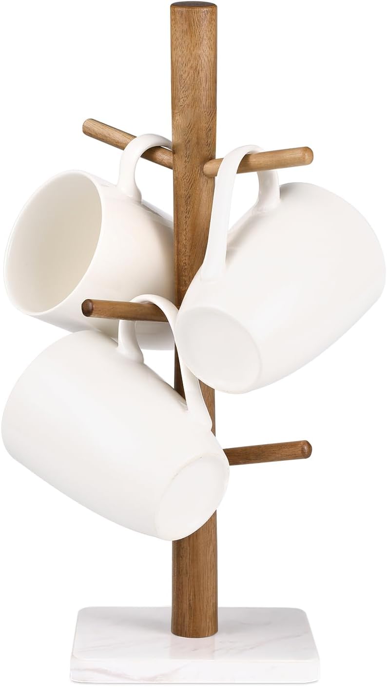 Buruis Acacia Wood Mug Holder with Marble Base, 6 Hook Mug Tree, White