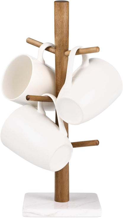 Buruis Acacia Wood Mug Holder with Marble Base, 6 Hook Mug Tree, White