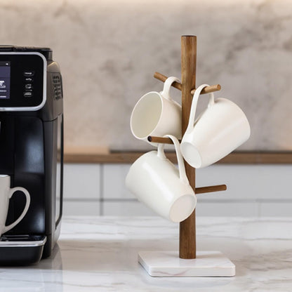 Buruis Acacia Wood Mug Holder with Marble Base, 6 Hook Mug Tree, White
