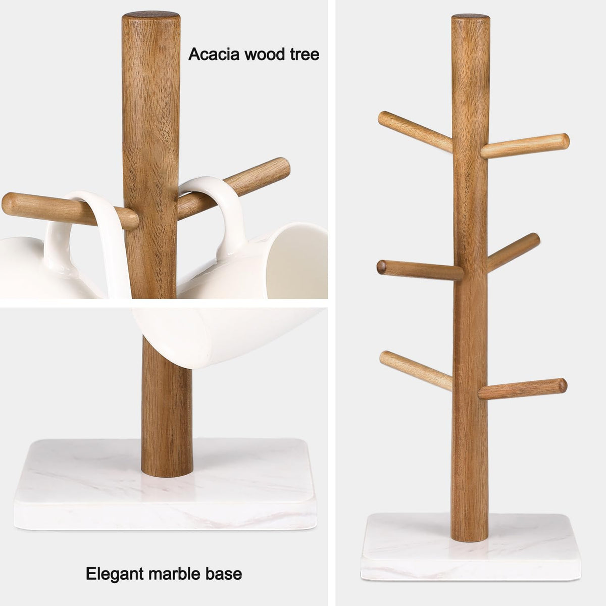 Buruis Acacia Wood Mug Holder with Marble Base, 6 Hook Mug Tree, White
