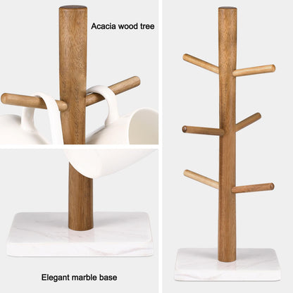 Buruis Acacia Wood Mug Holder with Marble Base, 6 Hook Mug Tree, White
