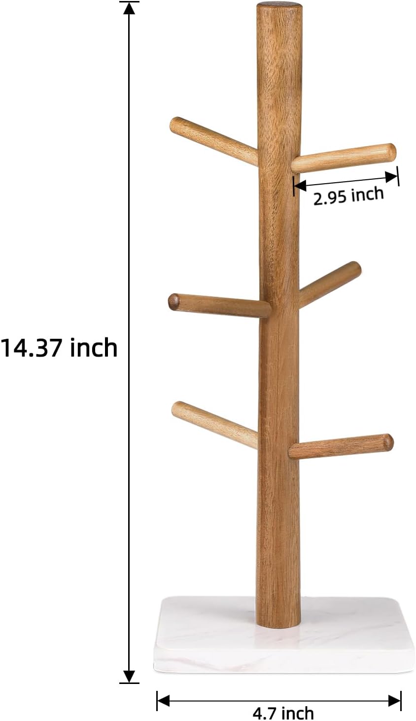 Buruis Acacia Wood Mug Holder with Marble Base, 6 Hook Mug Tree, White