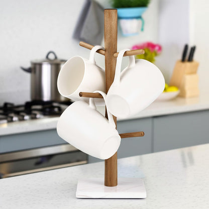 Buruis Acacia Wood Mug Holder with Marble Base, 6 Hook Mug Tree, White