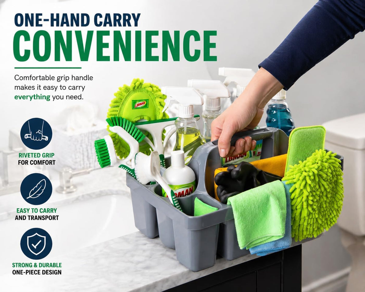 Libman Maid Caddy Cleaning Organizer, Heavy-Duty Janitorial Carry Caddy with Bottle Holders, Toilet Brush Holder & Tool Compartments, Commercial Cleaning Supply Tote