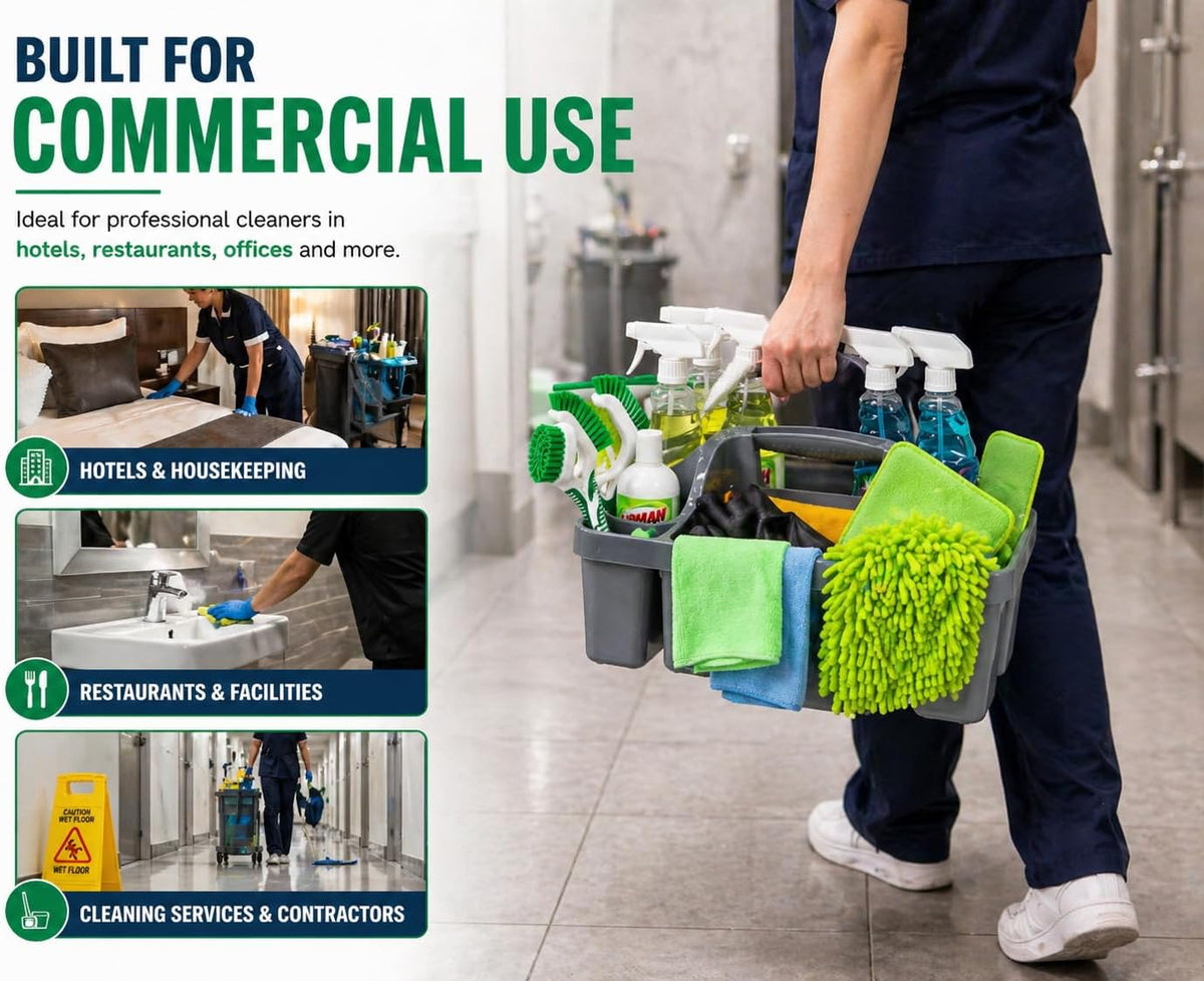 Libman Maid Caddy Cleaning Organizer, Heavy-Duty Janitorial Carry Caddy with Bottle Holders, Toilet Brush Holder & Tool Compartments, Commercial Cleaning Supply Tote