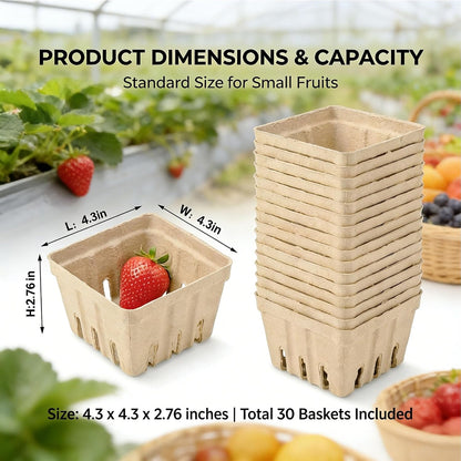 30 Pack Natural Pulp Fiber Berry Basket,Small Molded Produce Vented Basket