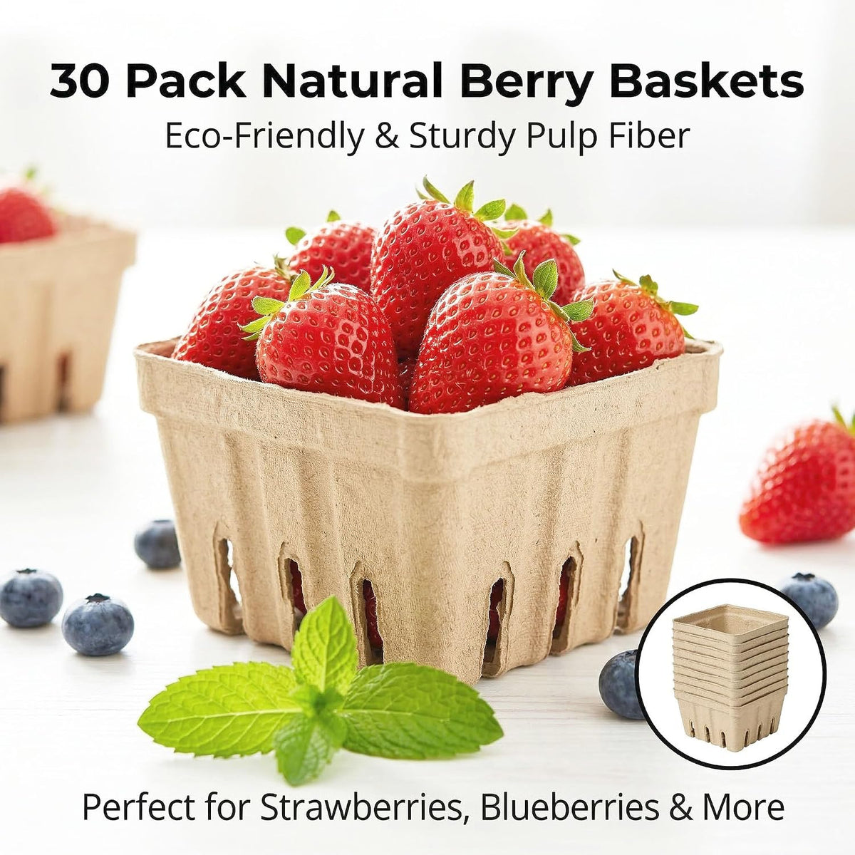 30 Pack Natural Pulp Fiber Berry Basket,Small Molded Produce Vented Basket