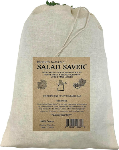 Salad Saver, Reusable Drawstring Produce Bag for Storing Lettuce, Veggies and Fruit in the Refrigerator to keep fresh longer, 100% Cotton Kitchen Essential, 10 x 17 ", Natural
