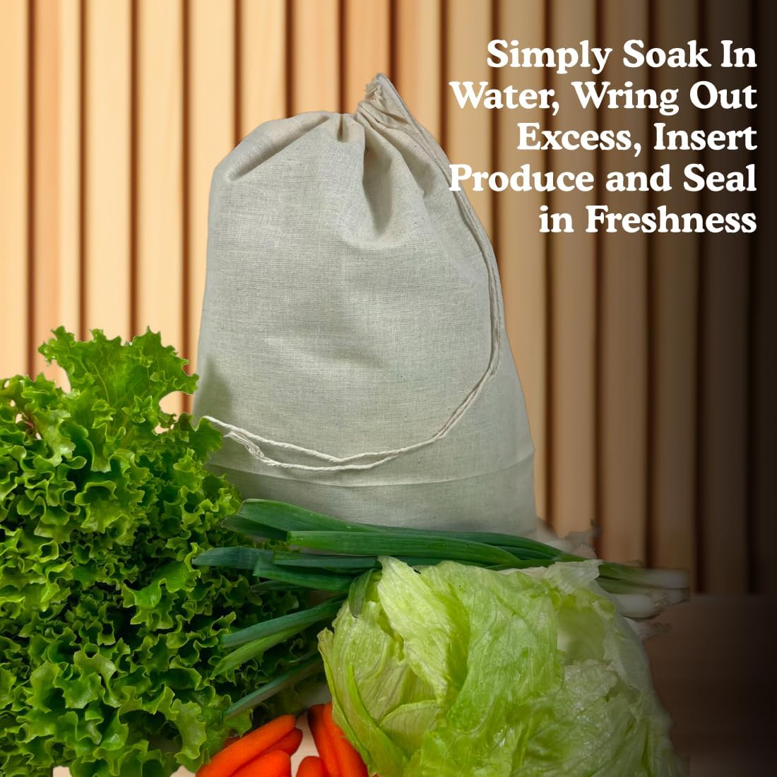 Salad Saver, Reusable Drawstring Produce Bag for Storing Lettuce, Veggies and Fruit in the Refrigerator to keep fresh longer, 100% Cotton Kitchen Essential, 10 x 17 ", Natural