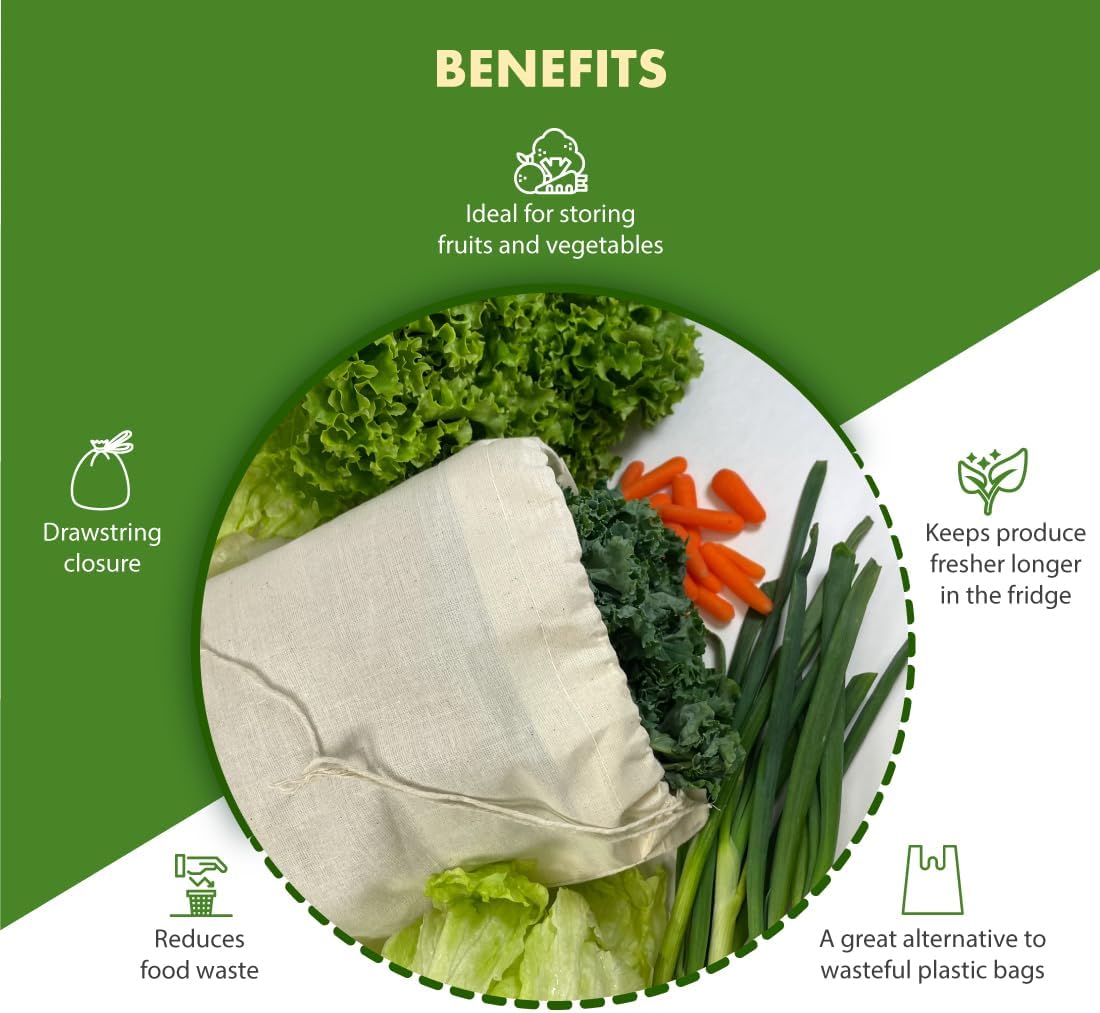 Salad Saver, Reusable Drawstring Produce Bag for Storing Lettuce, Veggies and Fruit in the Refrigerator to keep fresh longer, 100% Cotton Kitchen Essential, 10 x 17 ", Natural