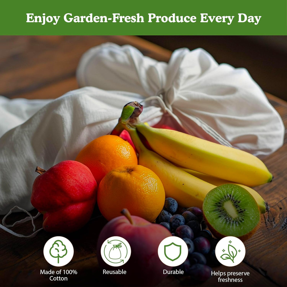 Salad Saver, Reusable Drawstring Produce Bag for Storing Lettuce, Veggies and Fruit in the Refrigerator to keep fresh longer, 100% Cotton Kitchen Essential, 10 x 17 ", Natural