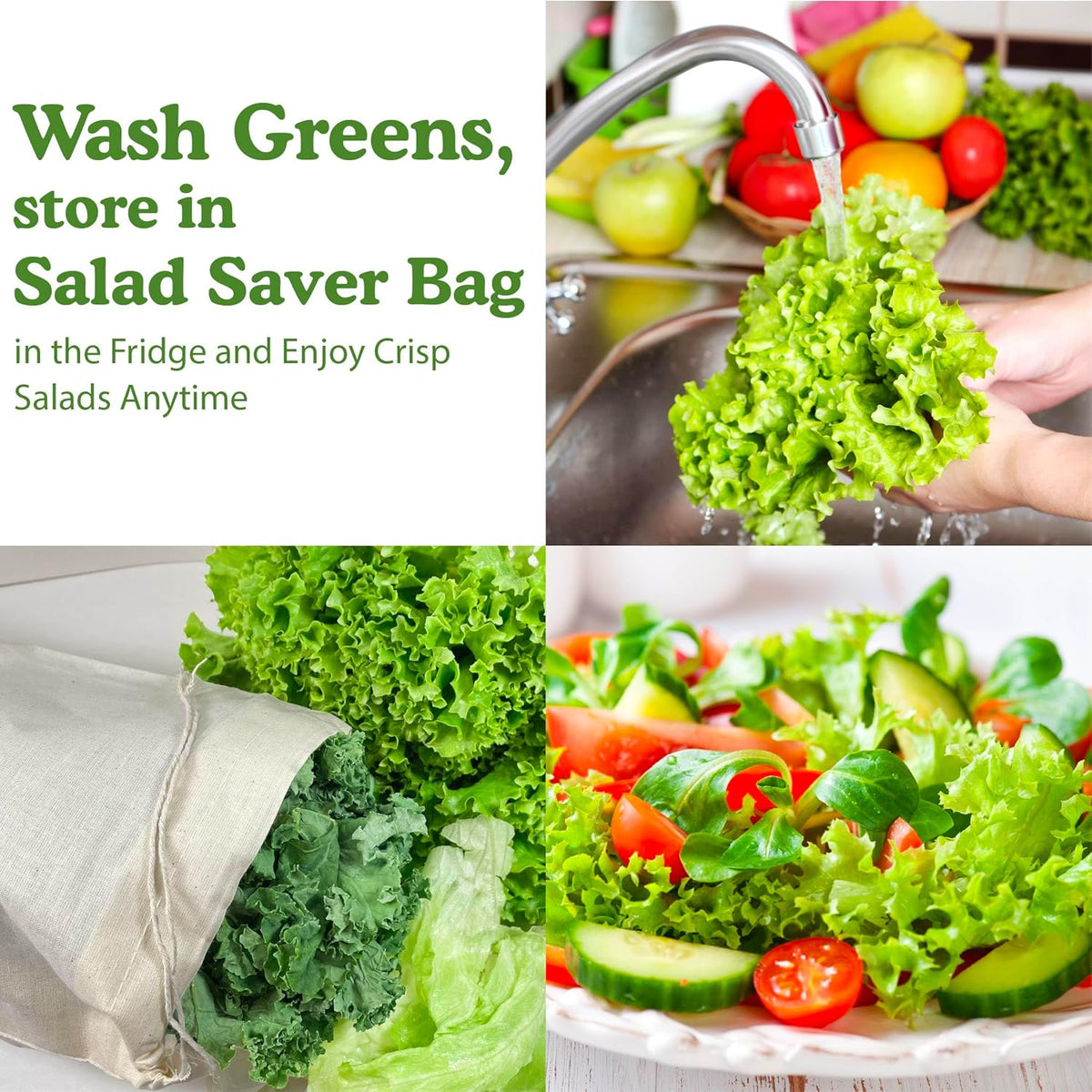 Salad Saver, Reusable Drawstring Produce Bag for Storing Lettuce, Veggies and Fruit in the Refrigerator to keep fresh longer, 100% Cotton Kitchen Essential, 10 x 17 ", Natural