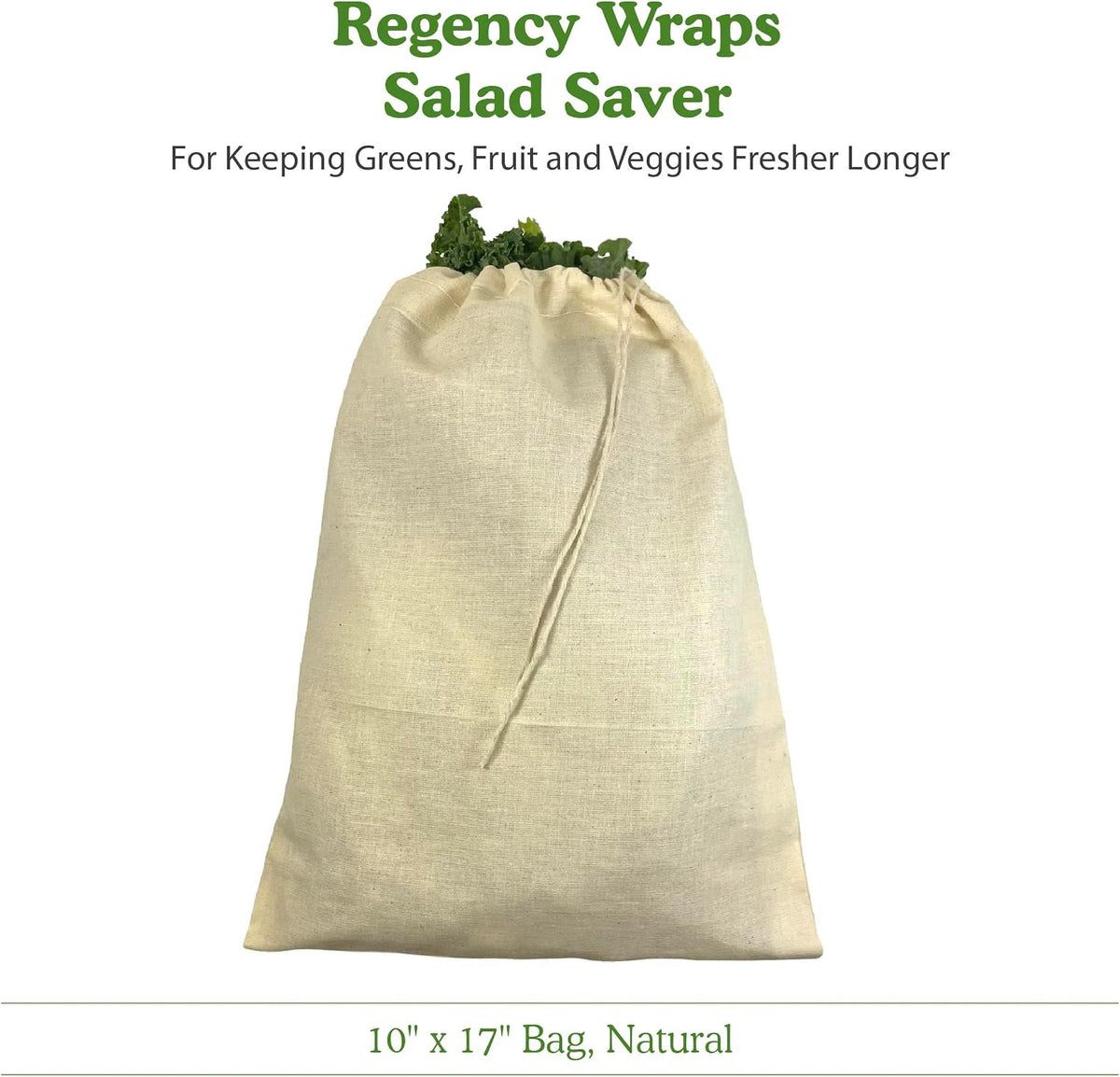 Salad Saver, Reusable Drawstring Produce Bag for Storing Lettuce, Veggies and Fruit in the Refrigerator to keep fresh longer, 100% Cotton Kitchen Essential, 10 x 17 ", Natural