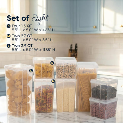 Food Storage Containers Set, 8 Pack Combo Set, Food Grade Plastic | BPA-Free, Clear View, Flip Top Lid, Stackable, For Snacks, Cereal, Pasta, Flour, Sugar