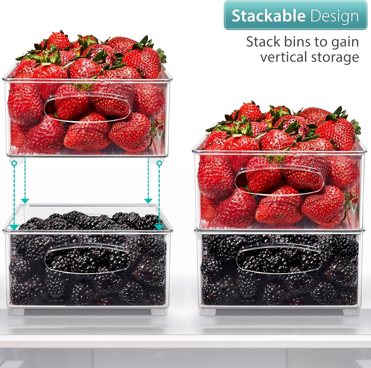 Stackable Refrigerator Organizer Bins - Clear Storage Bins for Kitchen Pantry, Freezer & Fridge Organization - Food Organizing Plastic Containers with Handles for Countertops & Drawers
