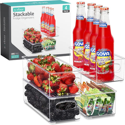 Stackable Refrigerator Organizer Bins - Clear Storage Bins for Kitchen Pantry, Freezer & Fridge Organization - Food Organizing Plastic Containers with Handles for Countertops & Drawers
