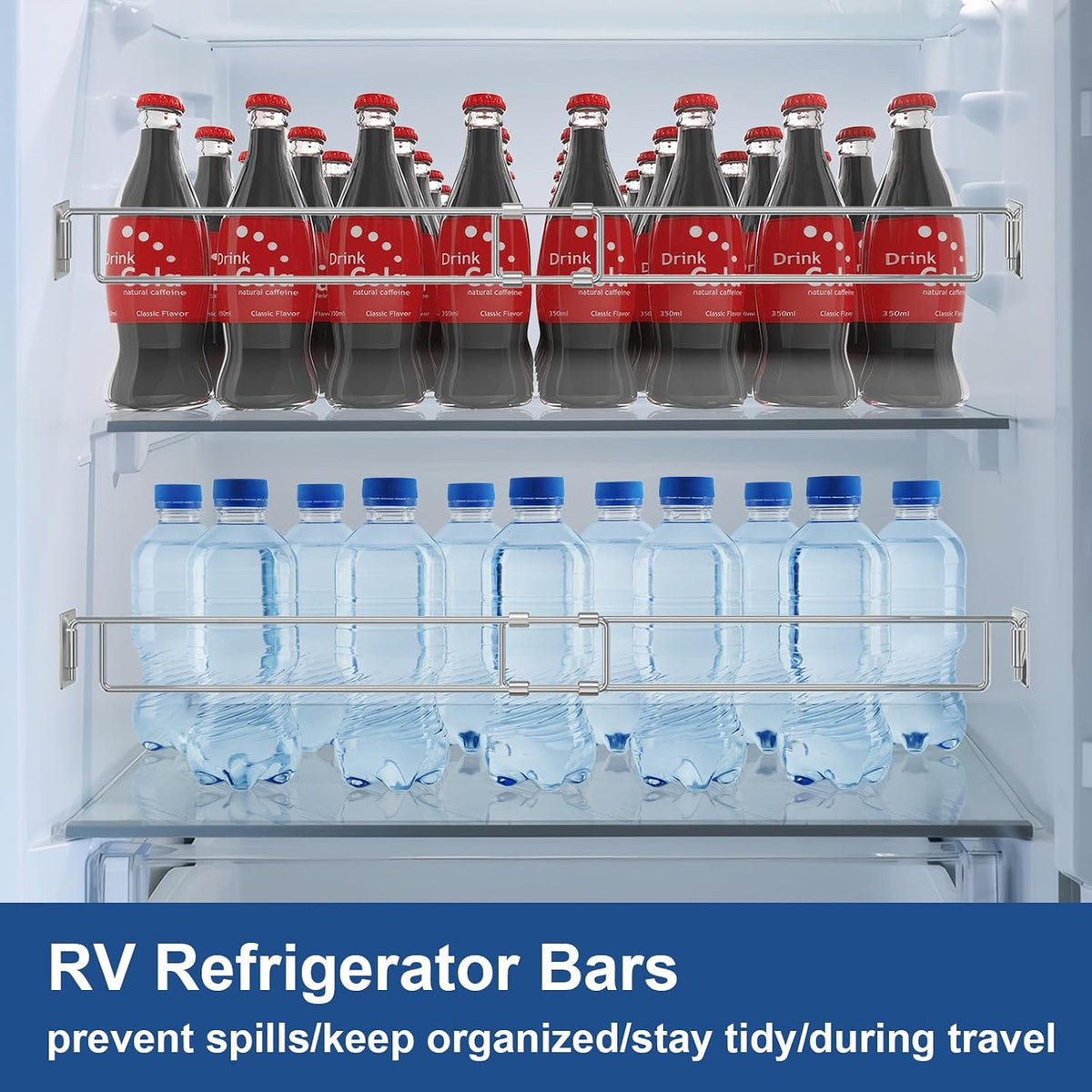 RV Refrigerator Bars, 4 Pack RV Refrigerator Tension Rods 12.2-22.24 Inch Adjustable Stainless Steel Fridge Accessories Prevent Spills for Camper Travel Kitchen Medicine Cabinets Bookshelf