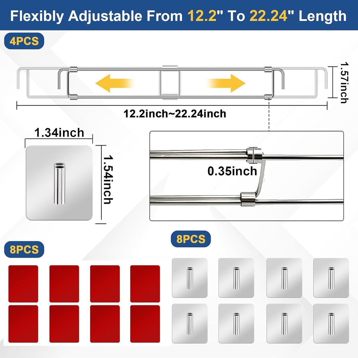 RV Refrigerator Bars, 4 Pack RV Refrigerator Tension Rods 12.2-22.24 Inch Adjustable Stainless Steel Fridge Accessories Prevent Spills for Camper Travel Kitchen Medicine Cabinets Bookshelf