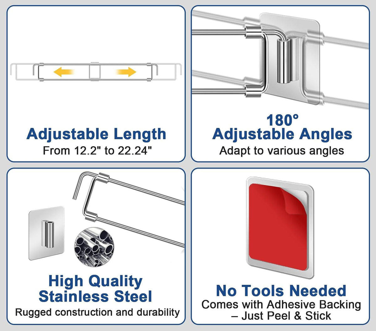 RV Refrigerator Bars, 4 Pack RV Refrigerator Tension Rods 12.2-22.24 Inch Adjustable Stainless Steel Fridge Accessories Prevent Spills for Camper Travel Kitchen Medicine Cabinets Bookshelf