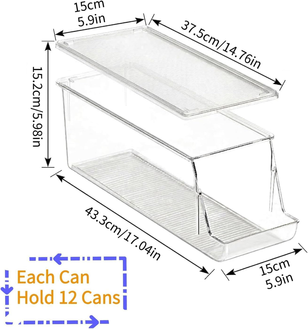Extra Long and Enlarged Soda Can Dispenser with Lid for Refrigerator -Stackable Drink Organizer for Fridge, Pantry - Holds 12 Cans Each, BPA Free - 2 Pack