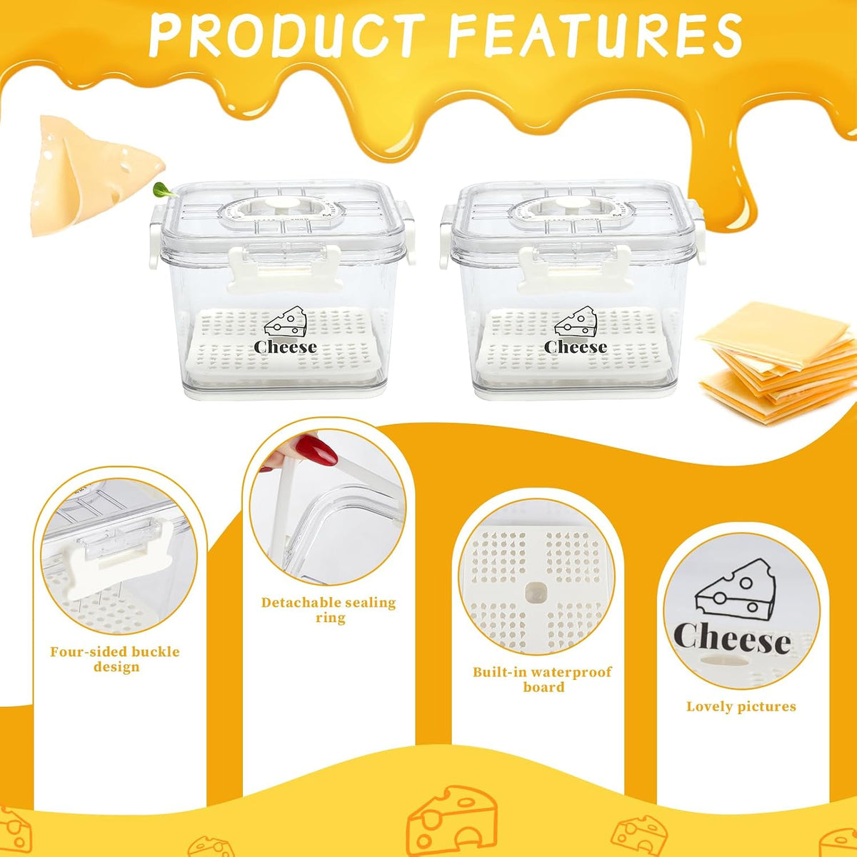Cheese Container for Refrigerator,Cheese Keeper with Airtight Lid and Time Recording,Cream Block Shredded Cheeses Storage Box,Sliced,Grated,circle Cheddar Cheeses Box for Fridge,kitchen