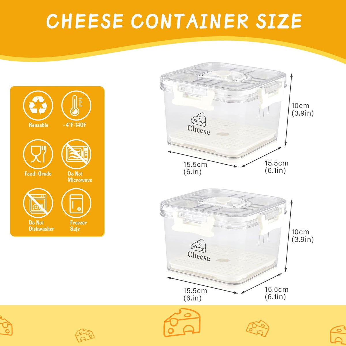 Cheese Container for Refrigerator,Cheese Keeper with Airtight Lid and Time Recording,Cream Block Shredded Cheeses Storage Box,Sliced,Grated,circle Cheddar Cheeses Box for Fridge,kitchen