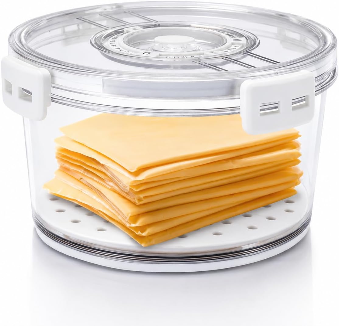 Cheese Container for Refrigerator,Cheese Keeper with Airtight Lid and Time Recording,Cream Block Shredded Cheeses Storage Box,Sliced,Grated,circle Cheddar Cheeses Box for Fridge,kitchen