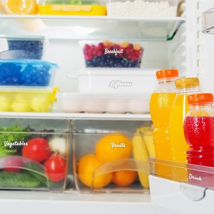 Fridge Labels for Food Storage Containers, Preprinted White Script Clear Stickers for Easy Organization in Fridge, Freezer and Pantry Water& Oil Resistant