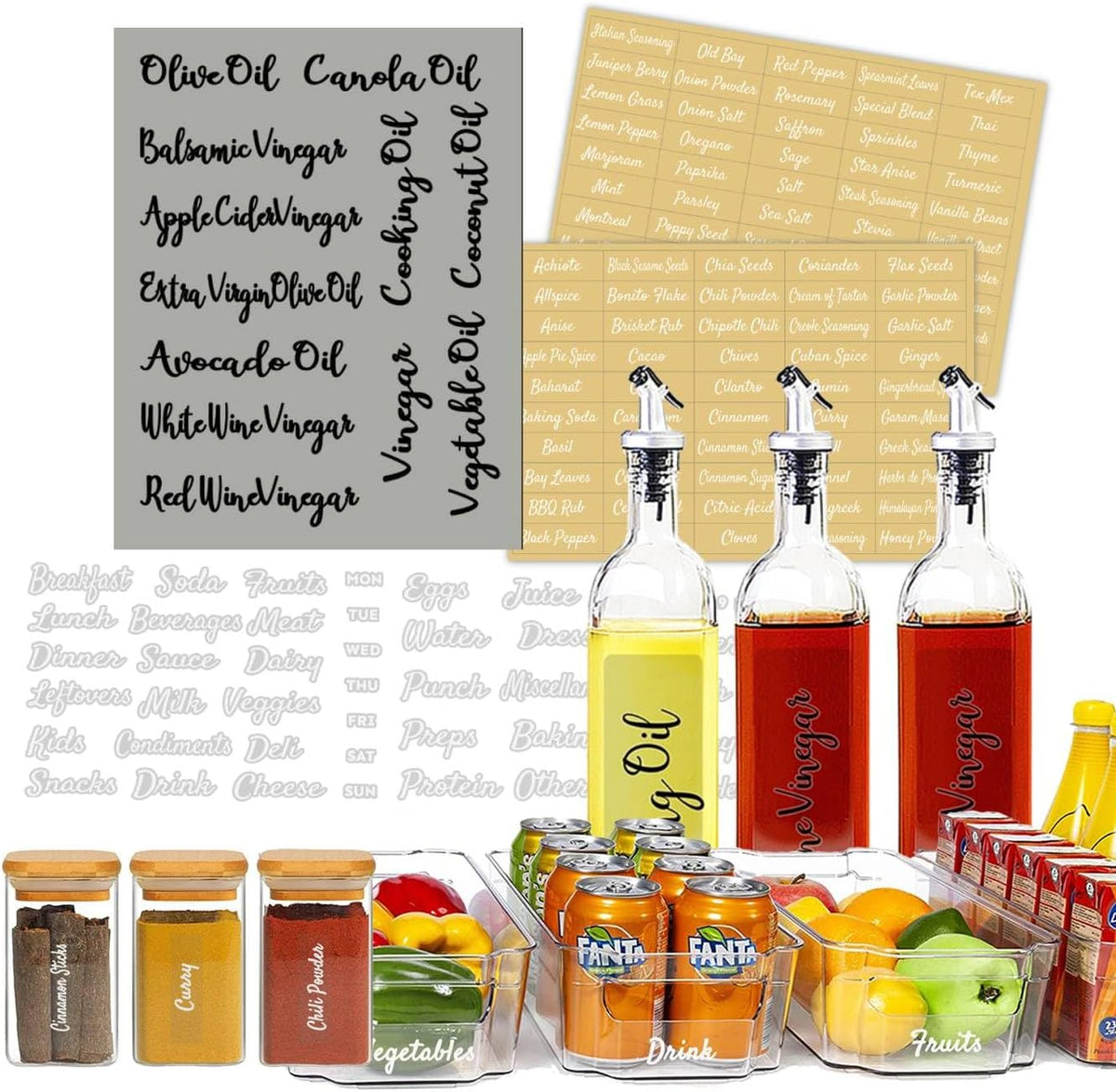 Fridge Labels for Food Storage Containers, Preprinted White Script Clear Stickers for Easy Organization in Fridge, Freezer and Pantry Water& Oil Resistant