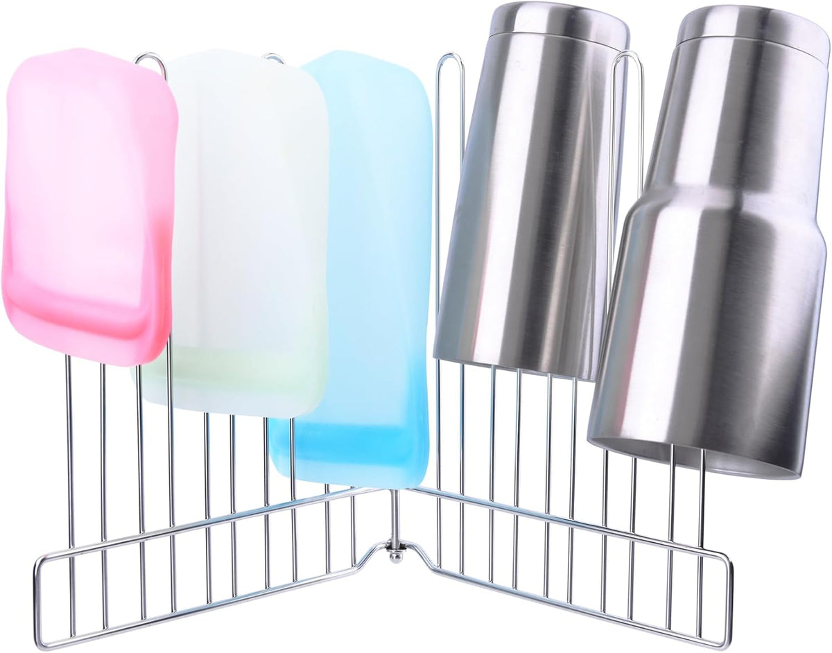 Reusable Drying Rack, Foldable Freezer Bag Dryer, SUS304 Stainless Steel Stand for Gallon, Quart, Sandwich, Snack Bags