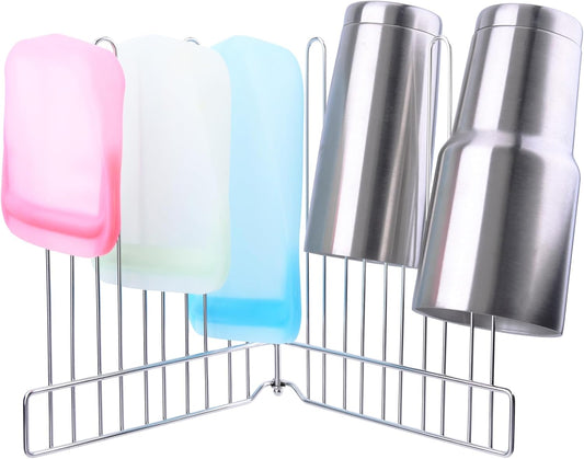 Reusable Drying Rack, Foldable Freezer Bag Dryer, SUS304 Stainless Steel Stand for Gallon, Quart, Sandwich, Snack Bags