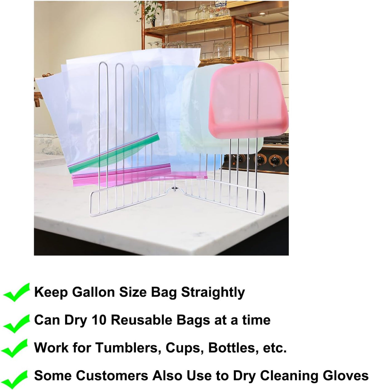 Reusable Drying Rack, Foldable Freezer Bag Dryer, SUS304 Stainless Steel Stand for Gallon, Quart, Sandwich, Snack Bags