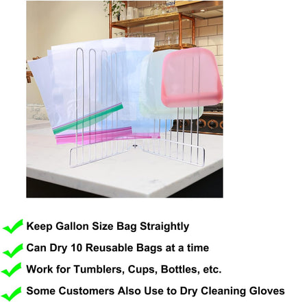 Reusable Drying Rack, Foldable Freezer Bag Dryer, SUS304 Stainless Steel Stand for Gallon, Quart, Sandwich, Snack Bags