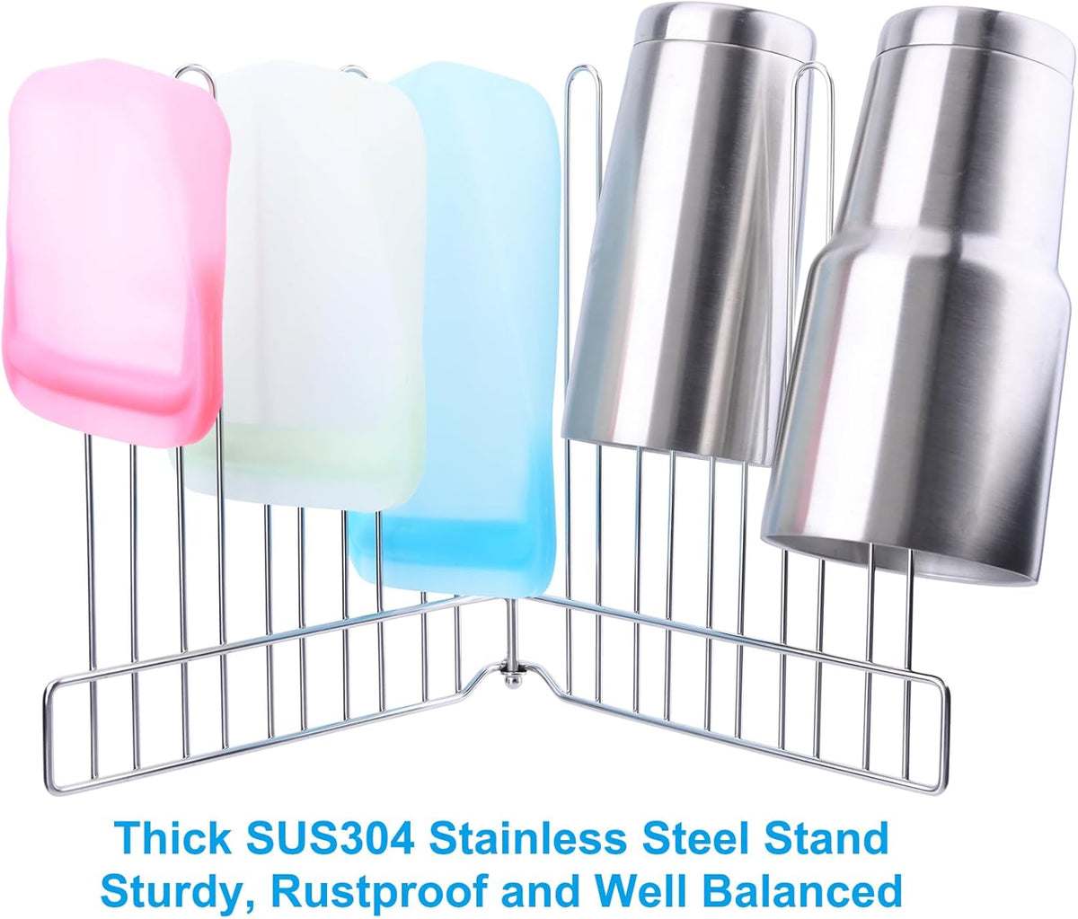 Reusable Drying Rack, Foldable Freezer Bag Dryer, SUS304 Stainless Steel Stand for Gallon, Quart, Sandwich, Snack Bags