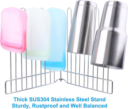 Reusable Drying Rack, Foldable Freezer Bag Dryer, SUS304 Stainless Steel Stand for Gallon, Quart, Sandwich, Snack Bags