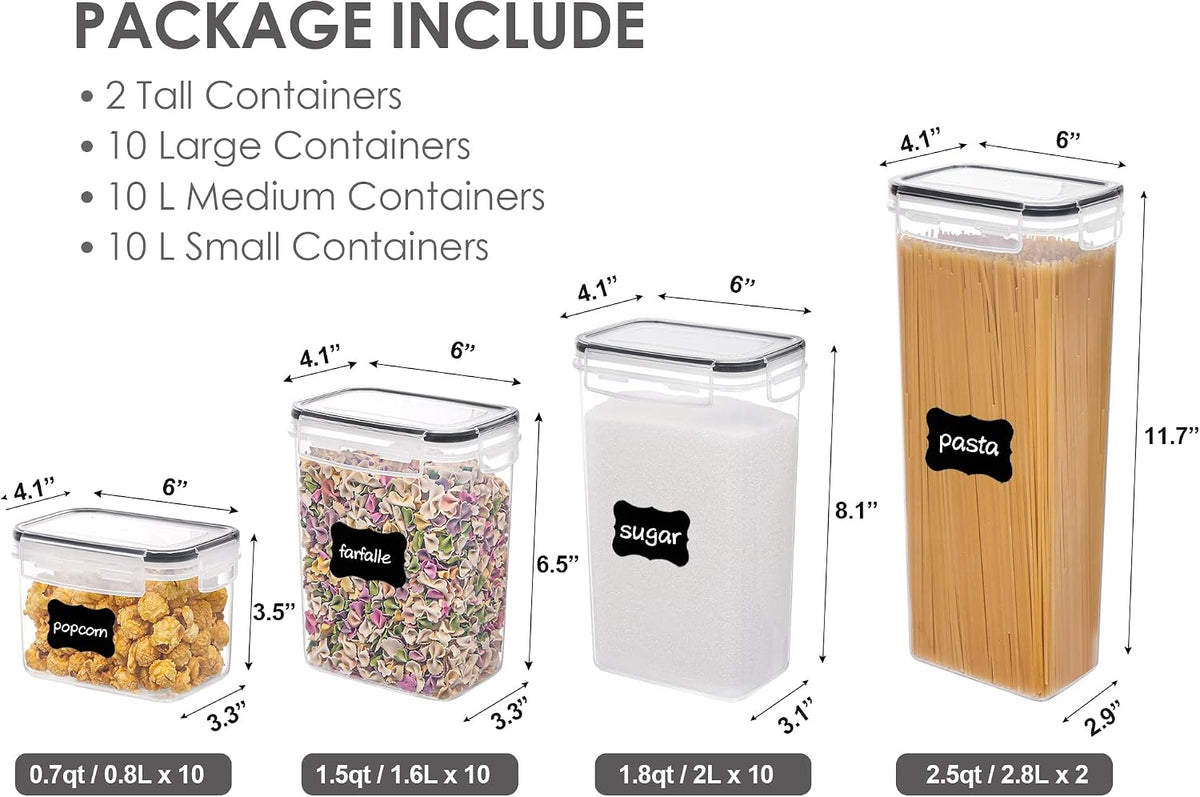 32pcs Airtight Food Storage Containers Set, BPA Free Plastic Kitchen and Pantry Organization Canisters with Lids for Cereal, Dry Food, Flour and Sugar, Includes 32 Labels