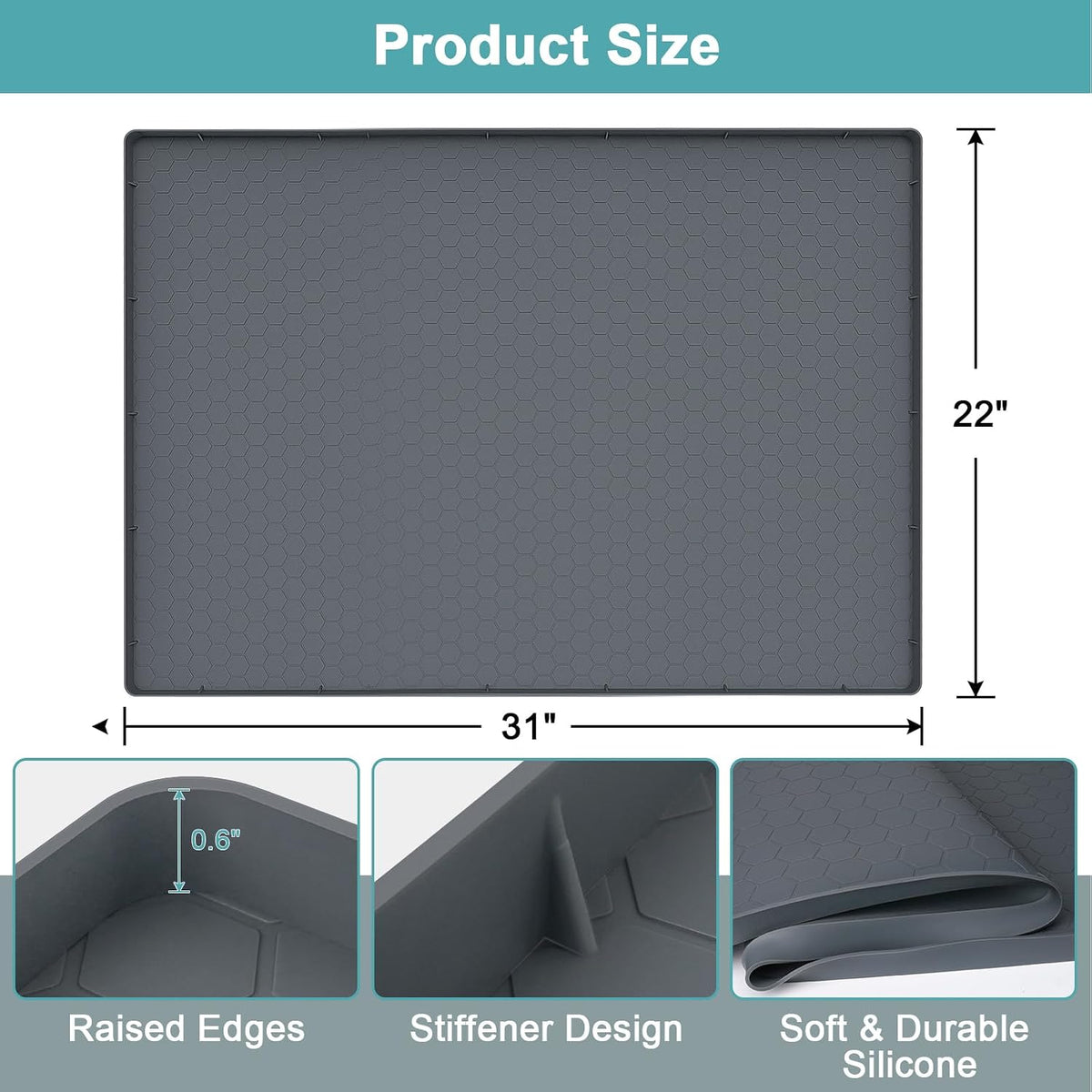 Under Sink Mats for Kitchen Waterproof 34" x 22", Silicone Under Kitchen Sink Mats and Protectors for 36" Cabinet, Under Sink Tray Organizer, Shelf Liners Cabinet Liner for Kitchen and Bathroom, Gray