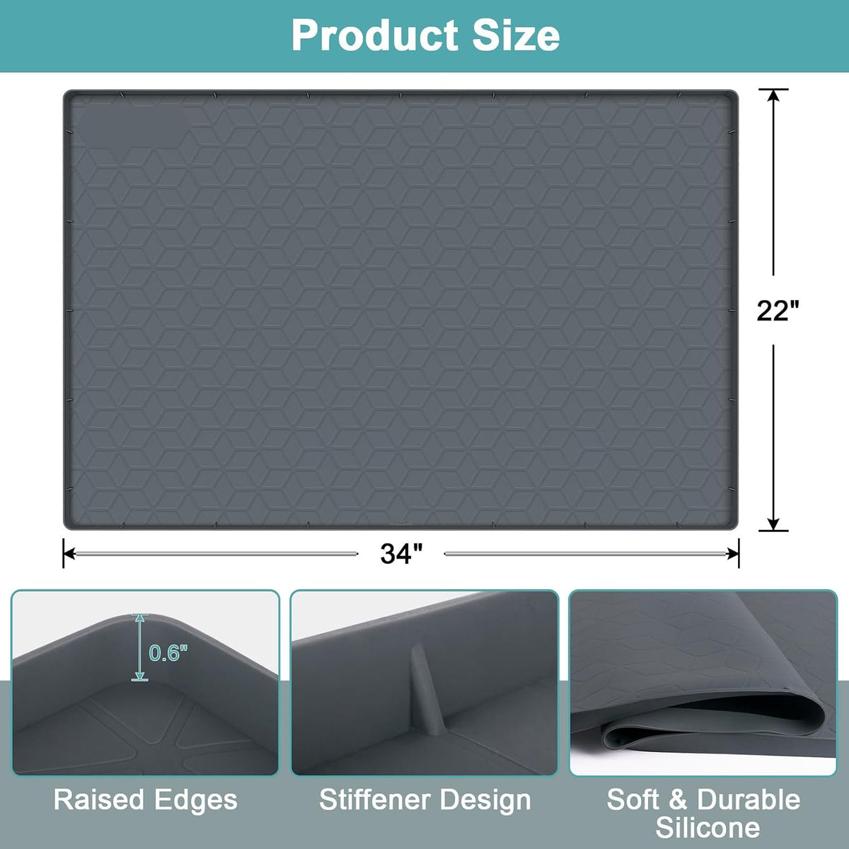 Under Sink Mats for Kitchen Waterproof 34" x 22", Silicone Under Kitchen Sink Mats and Protectors for 36" Cabinet, Under Sink Tray Organizer, Shelf Liners Cabinet Liner for Kitchen and Bathroom, Gray