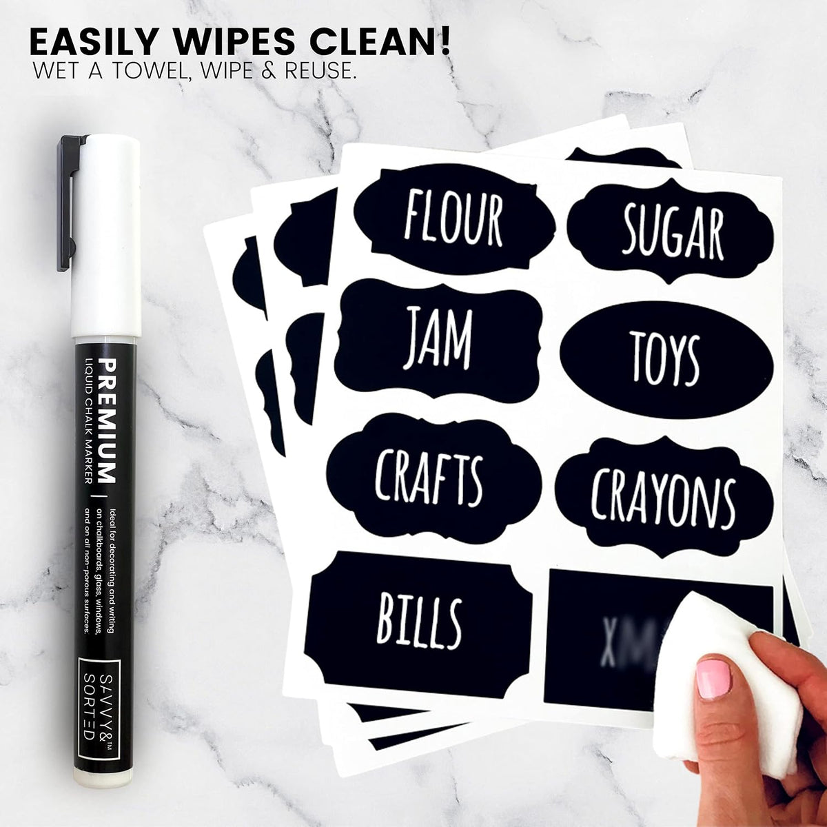 200 Chalkboard Labels for Food Containers, Reusable Black Stickers with Chalk Marker, Removable Pantry Chalk Board Jar Labels Stickers for Glass Jars, Storage Food Mason Jars, Kitchen Organization