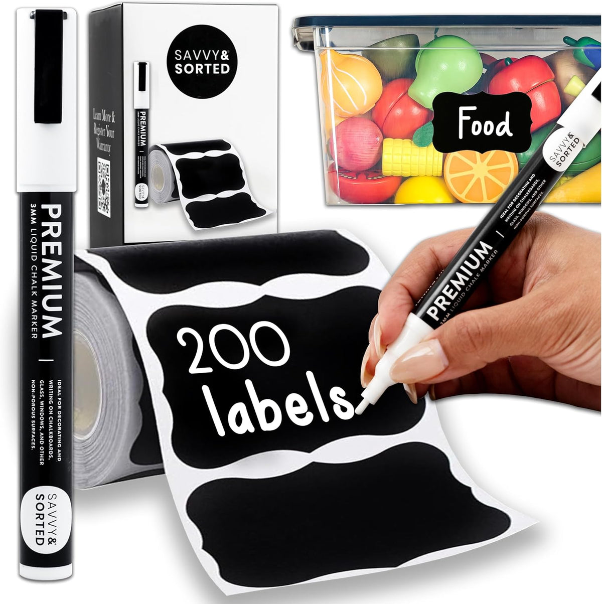 200 Chalkboard Labels for Food Containers, Reusable Black Stickers with Chalk Marker, Removable Pantry Chalk Board Jar Labels Stickers for Glass Jars, Storage Food Mason Jars, Kitchen Organization