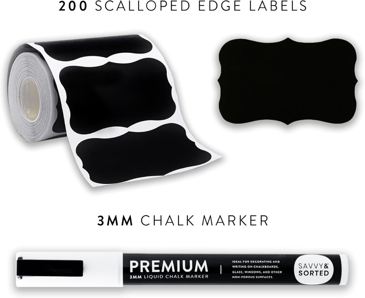 200 Chalkboard Labels for Food Containers, Reusable Black Stickers with Chalk Marker, Removable Pantry Chalk Board Jar Labels Stickers for Glass Jars, Storage Food Mason Jars, Kitchen Organization