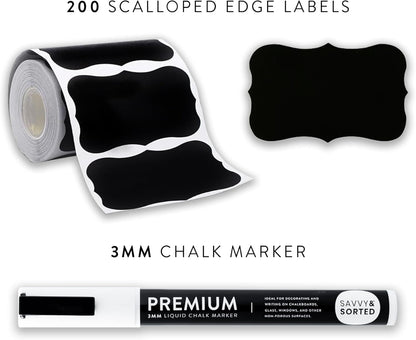 200 Chalkboard Labels for Food Containers, Reusable Black Stickers with Chalk Marker, Removable Pantry Chalk Board Jar Labels Stickers for Glass Jars, Storage Food Mason Jars, Kitchen Organization