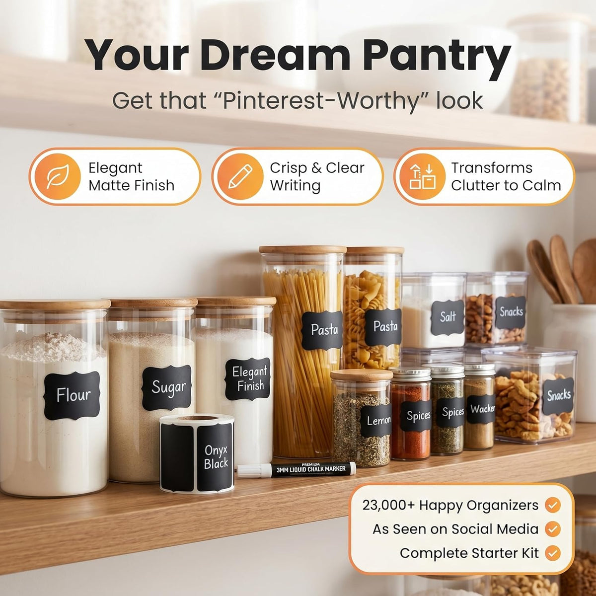 200 Chalkboard Labels for Food Containers, Reusable Black Stickers with Chalk Marker, Removable Pantry Chalk Board Jar Labels Stickers for Glass Jars, Storage Food Mason Jars, Kitchen Organization