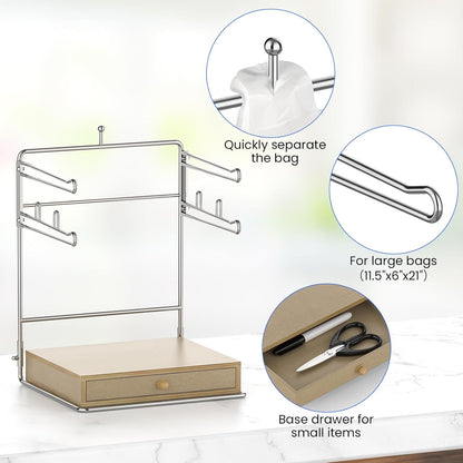 Plastic Grocery Bag Holder, Chrome T-Shirt Bag Rack, Plastic Bag Organizer with Wooden Drawers Base for Grocery Store, Supermarket, Restaurant, Business (Brown)