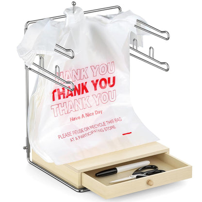 Plastic Grocery Bag Holder, Chrome T-Shirt Bag Rack, Plastic Bag Organizer with Wooden Drawers Base for Grocery Store, Supermarket, Restaurant, Business (Brown)