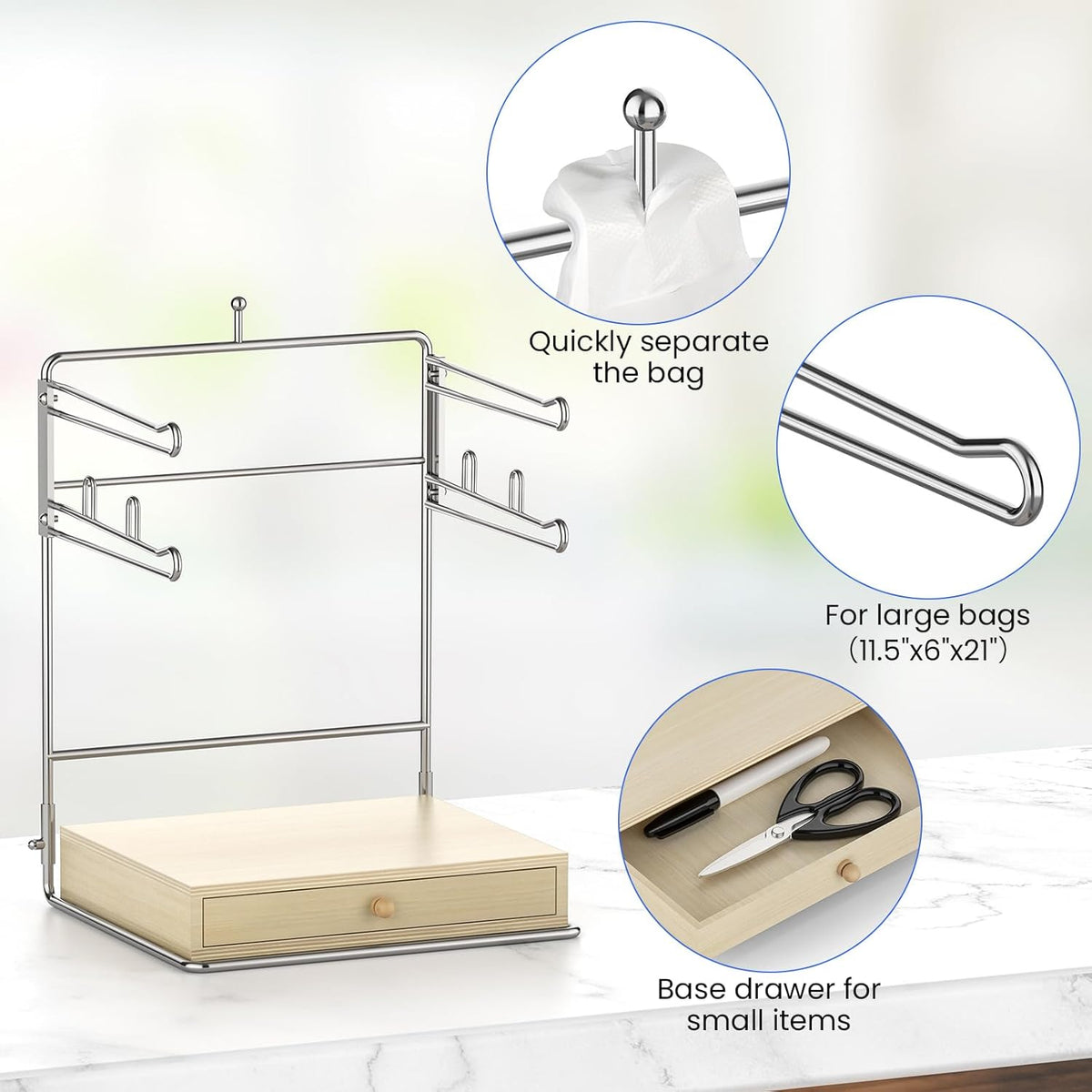 Plastic Grocery Bag Holder, Chrome T-Shirt Bag Rack, Plastic Bag Organizer with Wooden Drawers Base for Grocery Store, Supermarket, Restaurant, Business (Brown)
