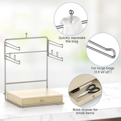 Plastic Grocery Bag Holder, Chrome T-Shirt Bag Rack, Plastic Bag Organizer with Wooden Drawers Base for Grocery Store, Supermarket, Restaurant, Business (Brown)