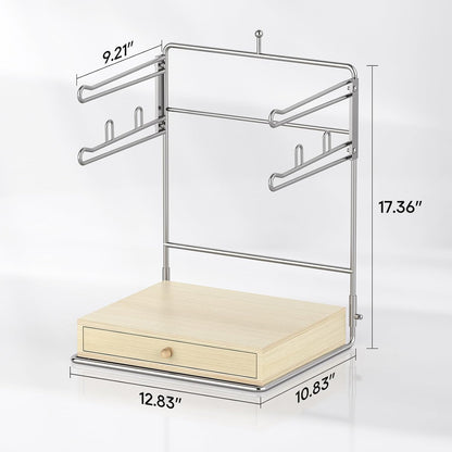 Plastic Grocery Bag Holder, Chrome T-Shirt Bag Rack, Plastic Bag Organizer with Wooden Drawers Base for Grocery Store, Supermarket, Restaurant, Business (Brown)